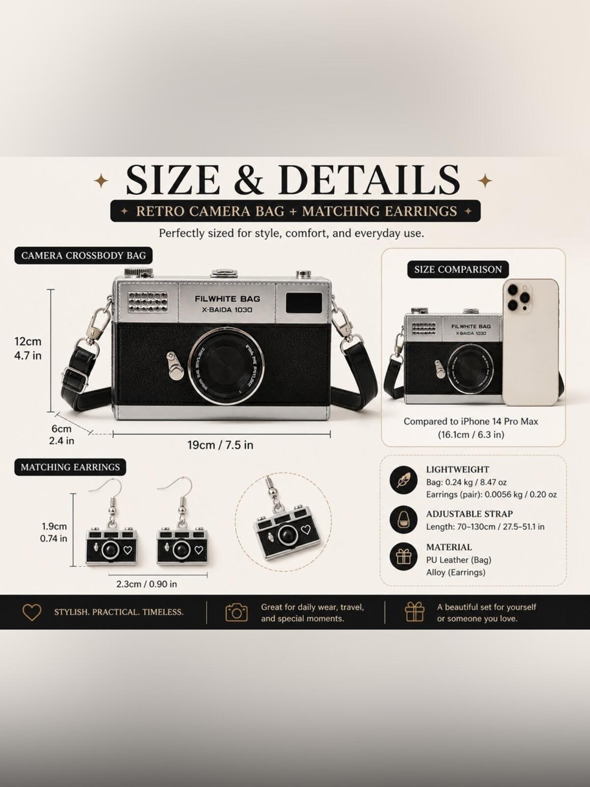Vintage Camera Crossbody Bag + Matching Camera Earrings Retro Y2K