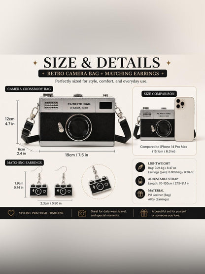Vintage Camera Crossbody Bag + Matching Camera Earrings Retro Y2K
