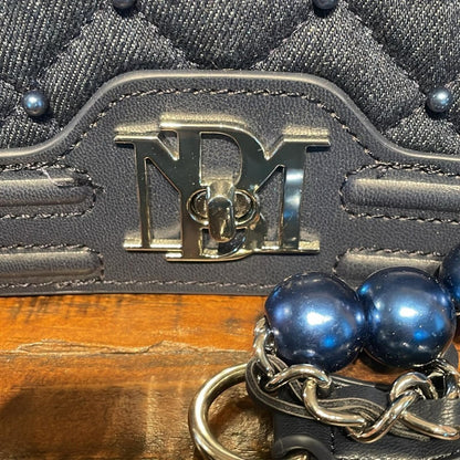 Badgley Mischka Blue Quilted Crossbody Bag with Pearl Accents and Silver Chain