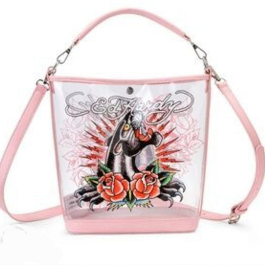 Ed Hardy Clear PVC Bucket Bag Panther Roses NWT