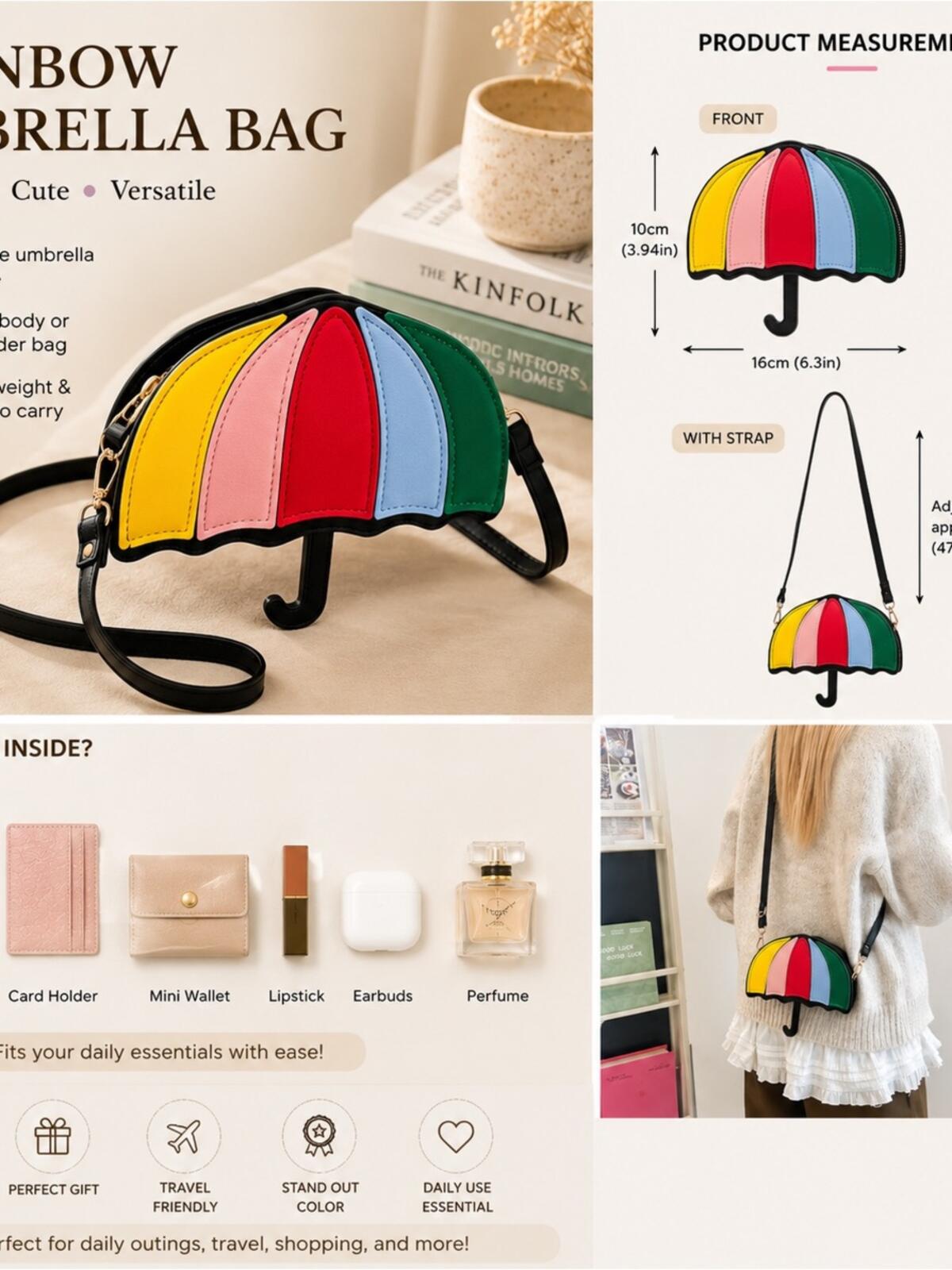 Rainbow Umbrella Crossbody Bag Kawaii Novelty Purse Travel Festival