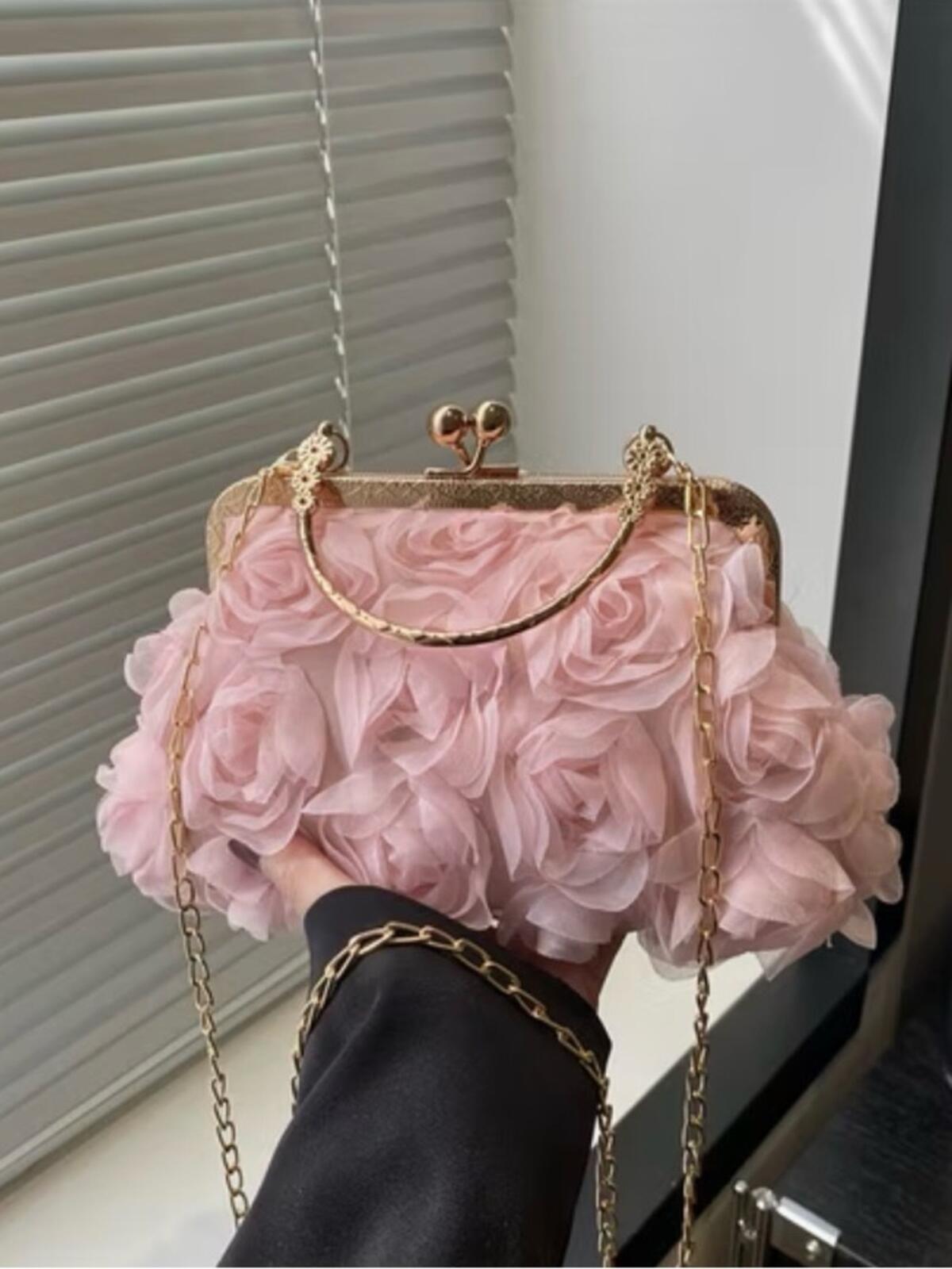 Rose Appliqué Pink Evening Clutch with Gold Chain