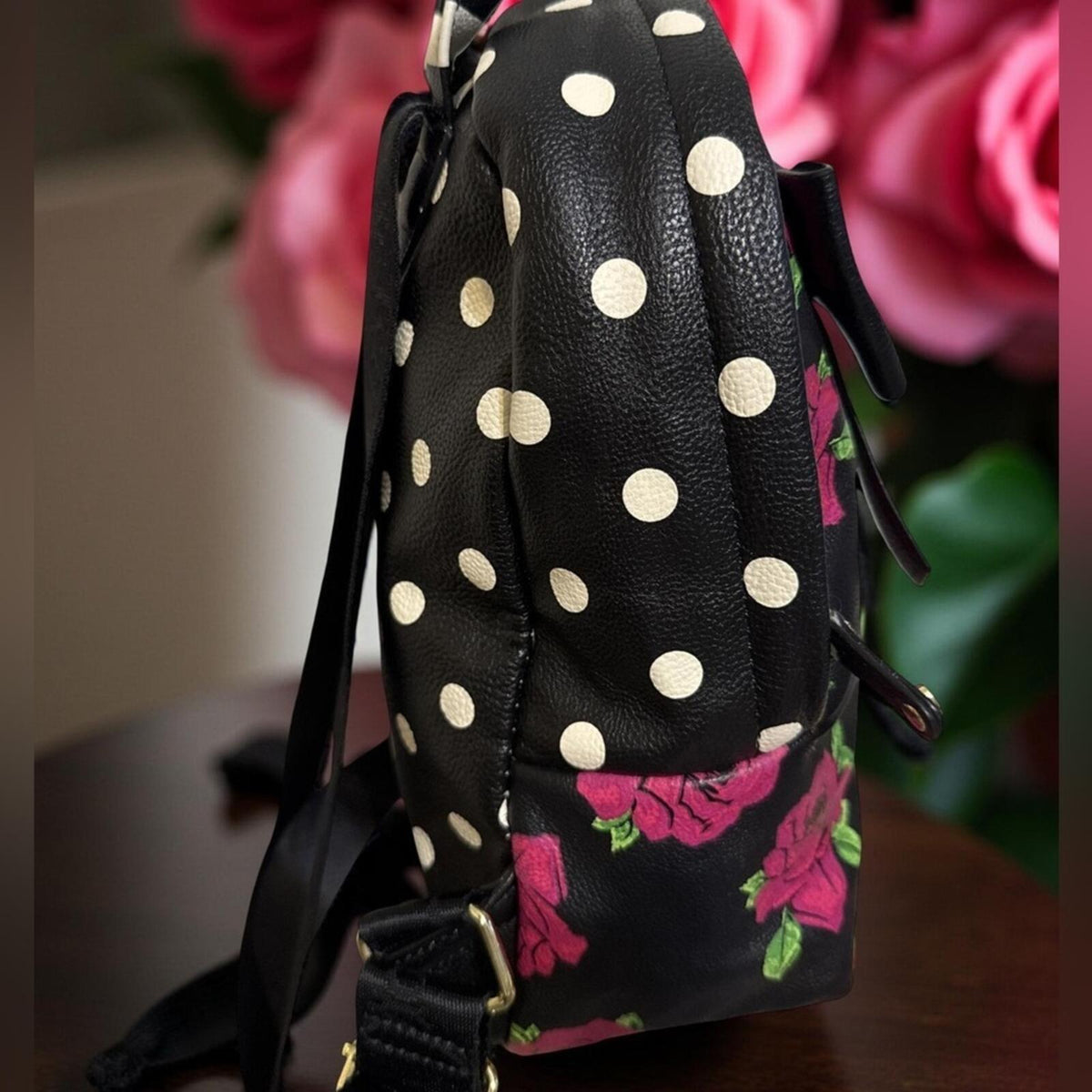BETSEY JOHNSON hot pink & black moody dark rose FLORAL BACKPACK adorable.❤️