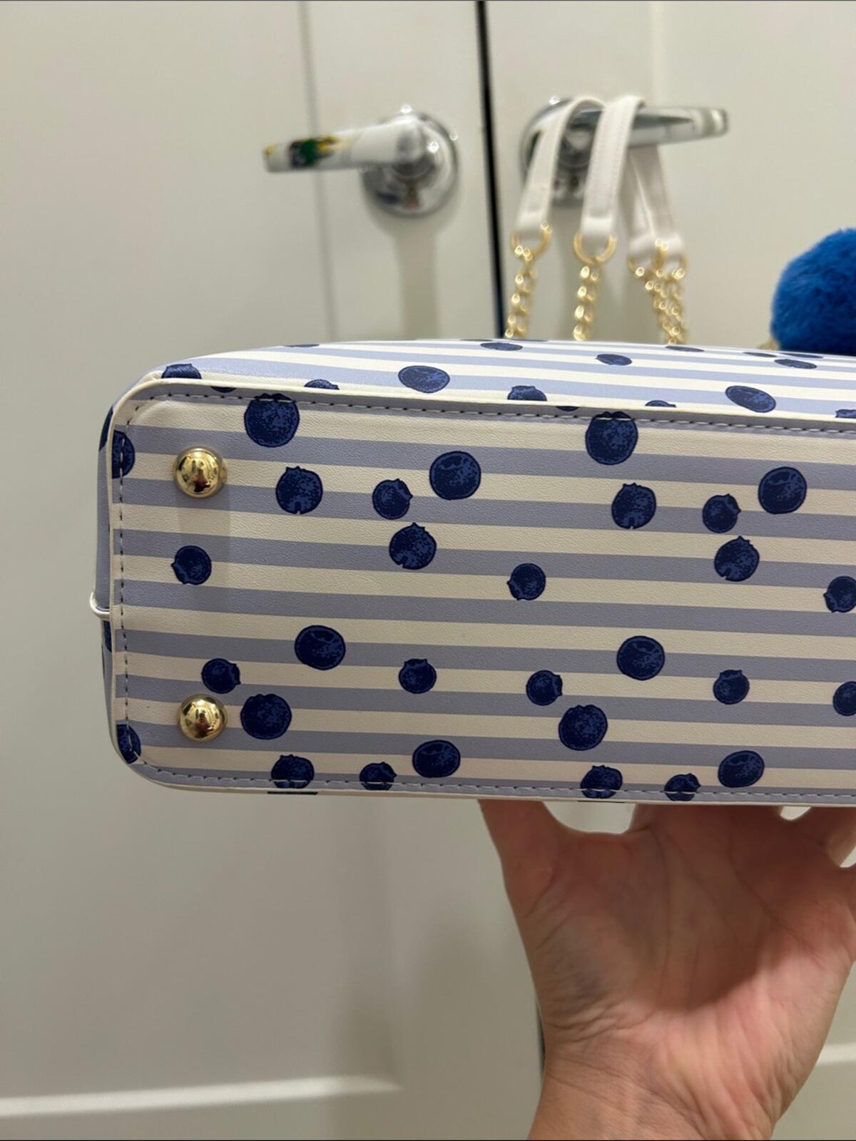 Betsey Johnson Blue Polka Dot and Stripe Scalloped Tote Bag with Pom Pom Charm