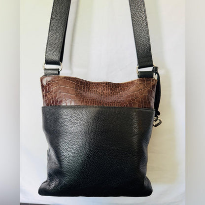 Brighton Large Black and Brown Leather Croc Embossed Crossbody Messenger Bag