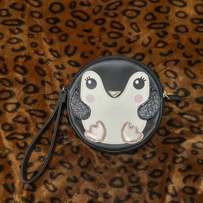 Luv Betsey Johnson Penguin Wristlet Coin Purse Pouch Black Glitter Kawaii