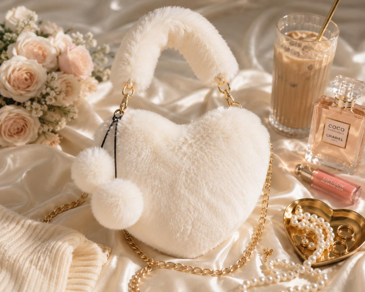 Coquette Heart-Shaped Faux Fur Plush Crossbody Bag with Pom Pom Charms - Cream &