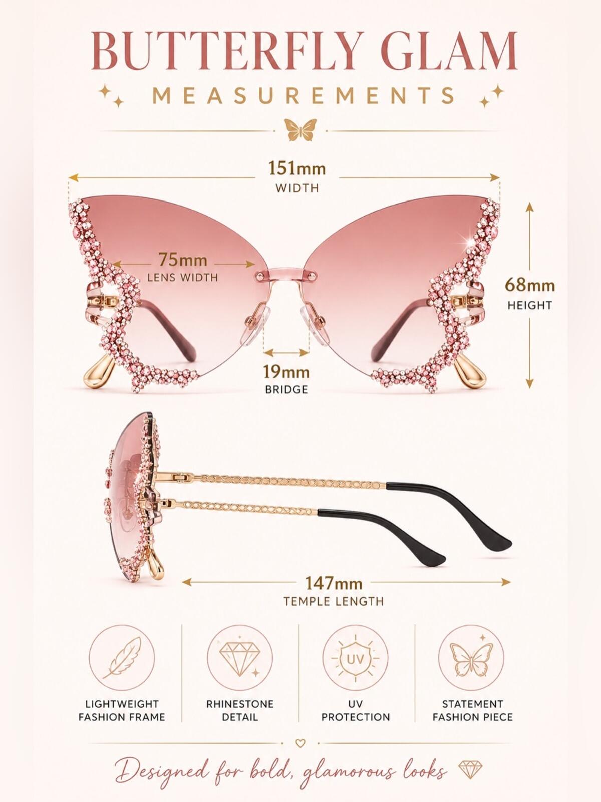 Sanrio rose Ombre Butterfly Rhinestone Sunglasses