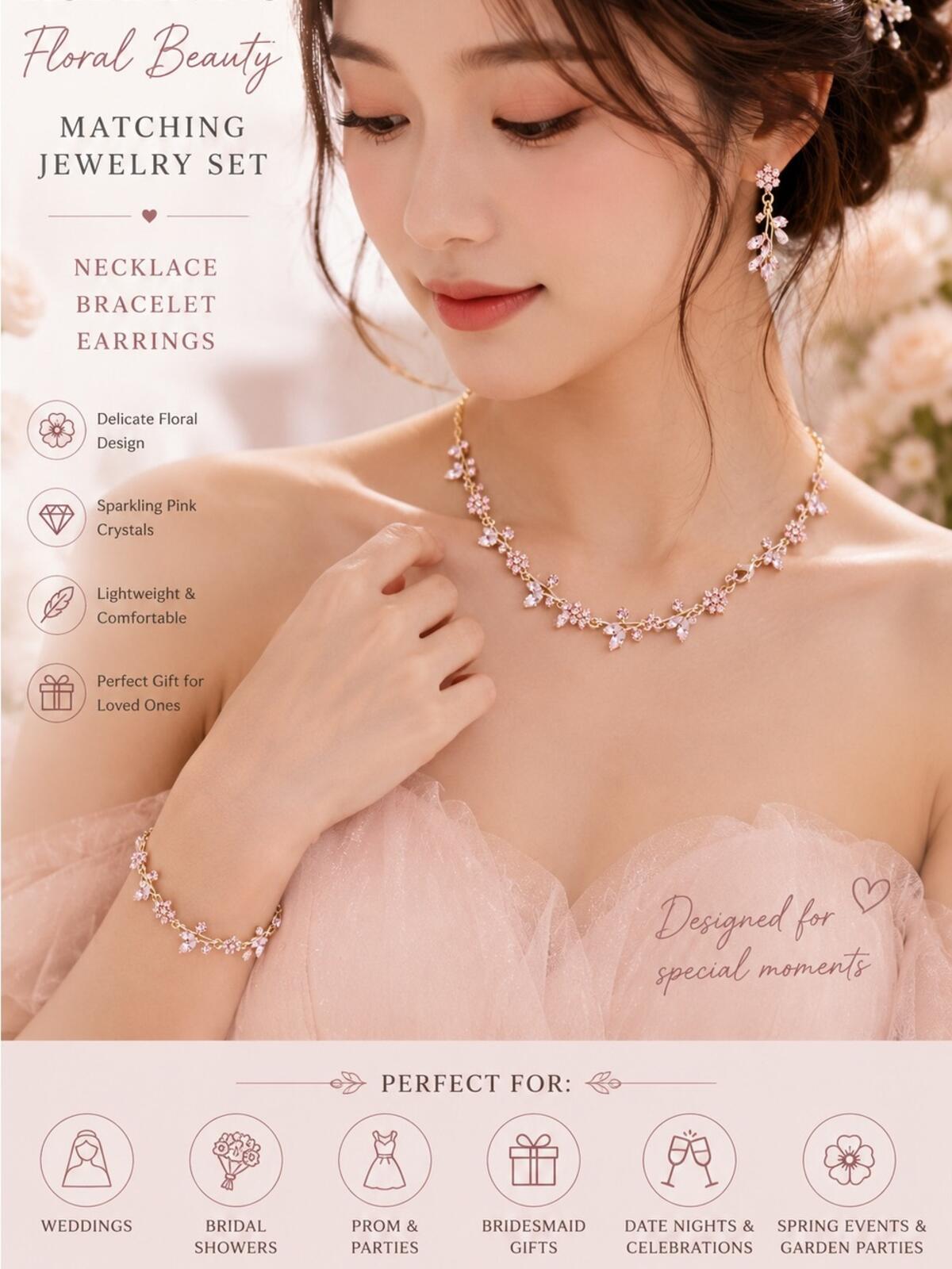 Pink Floral Crystal Jewelry Set | Necklace Bracelet Earrings | Coquette