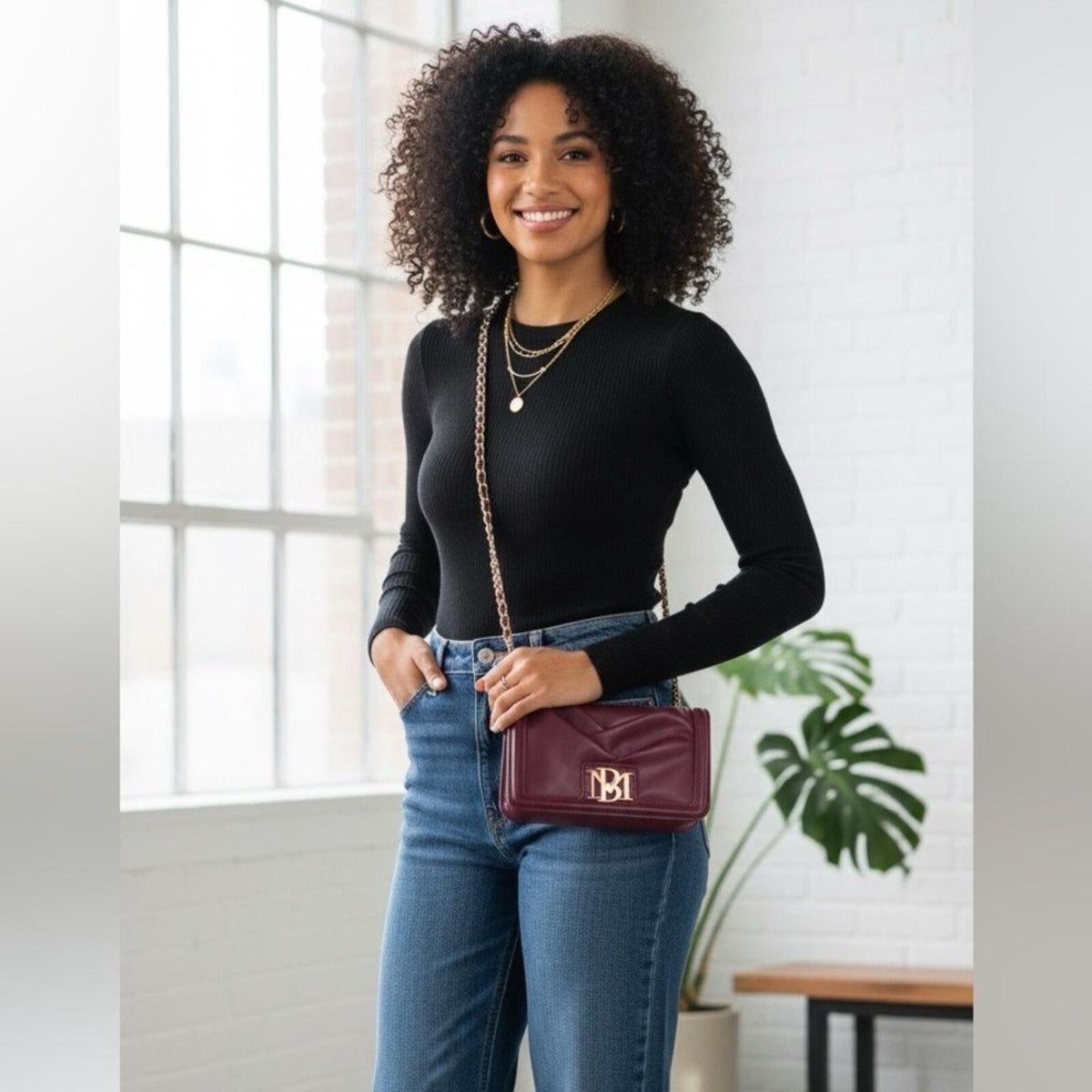 Badgley Mischka Burgundy Vegan Leather Ruched Crossbody Bag Gold Chain Strap