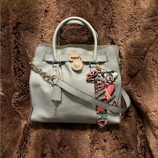 Michael Kors Light Blue Saffiano Leather Tote Bag with Gold Chain and Scarf