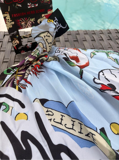 Ed Hardy Skull & Grim Reaper Graphic Scarf in Light Blue nwt