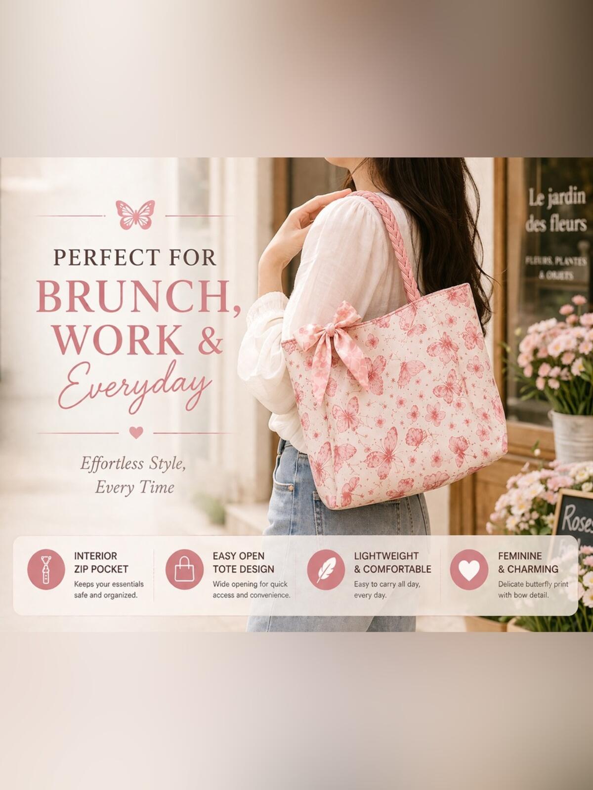 Pink Butterfly Print Lightweight Tote Bag with Zip Pocket - Feminine Everyday