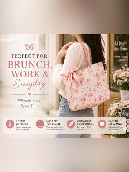 Pink Butterfly Print Lightweight Tote Bag with Zip Pocket - Feminine Everyday