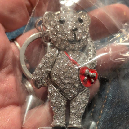 Crystal Bear Keychain Bag Charm Red Heart Gold Tone