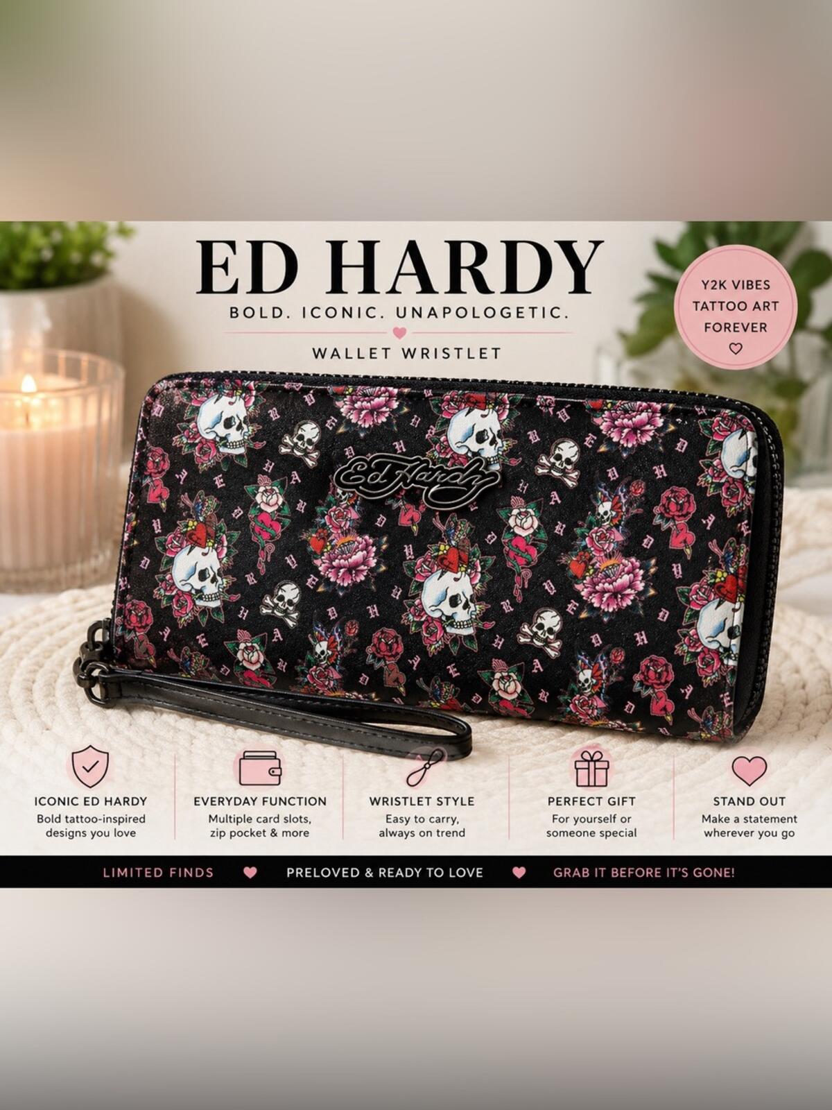 Ed Hardy black tattoo-print skull and roses zip-around wristlet wallet NWT