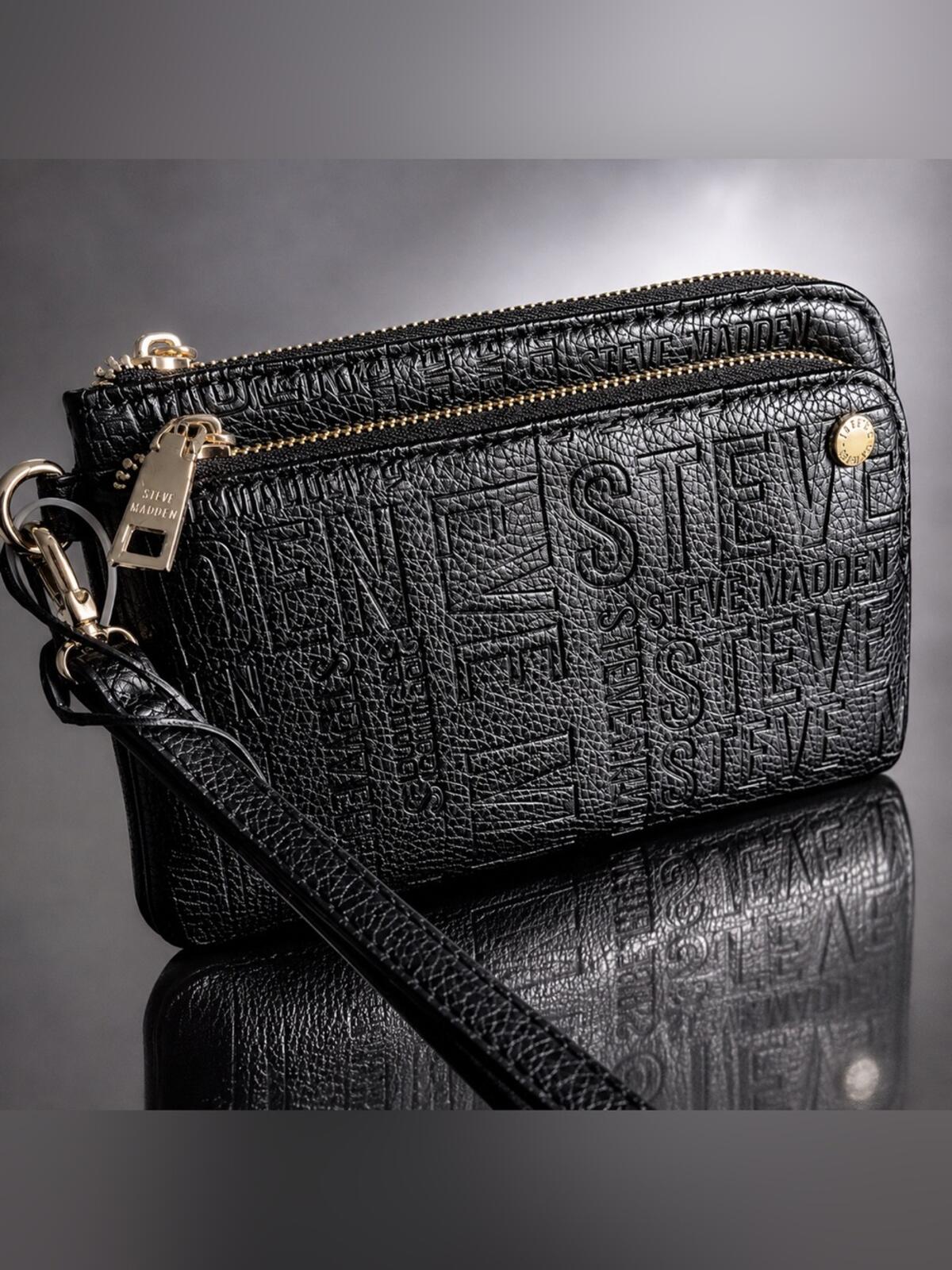 NWT Steve Madden Black Embossed Logo Wristlet Wallet Gold Hardware