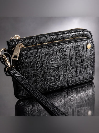 NWT Steve Madden Black Embossed Logo Wristlet Wallet Gold Hardware