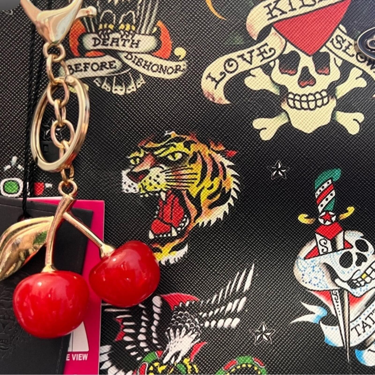 Ed Hardy Tattoo Print Cosmetic Zip Pouch Cherry Charm NWT