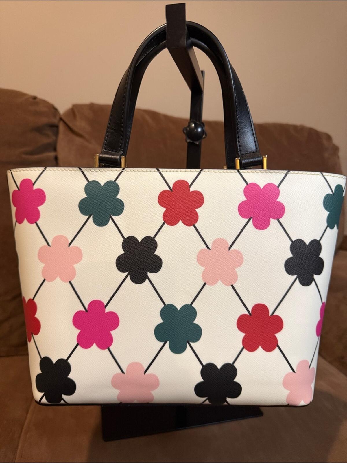 NWOT Kate Spade Floral Geometric Print Shoulder Tote Bag White Black Multi