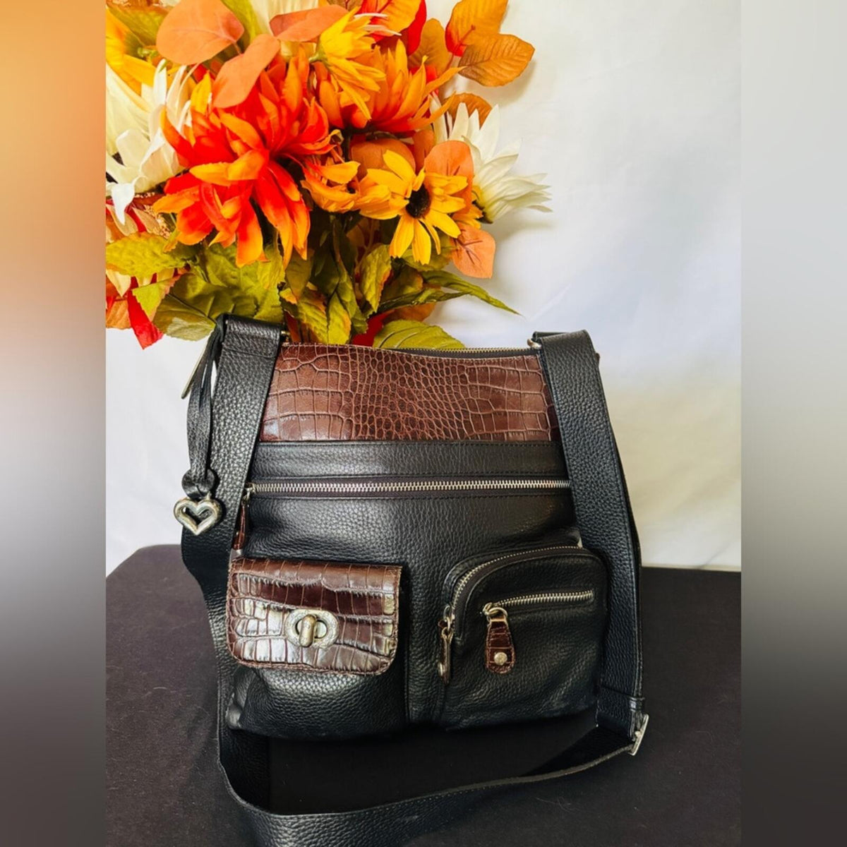 Brighton Large Black and Brown Leather Croc Embossed Crossbody Messenger Bag