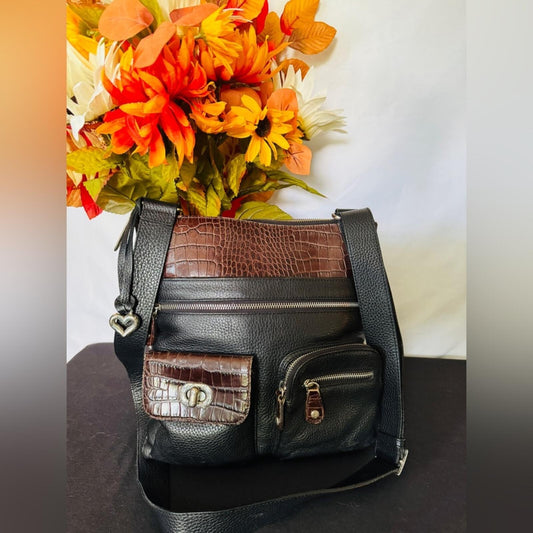 Brighton Large Black and Brown Leather Croc Embossed Crossbody Messenger Bag