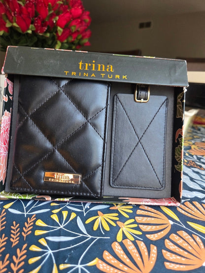Trina Turk Black Quilted Leather Travel Wallet with Luggage Tag - New with Tags