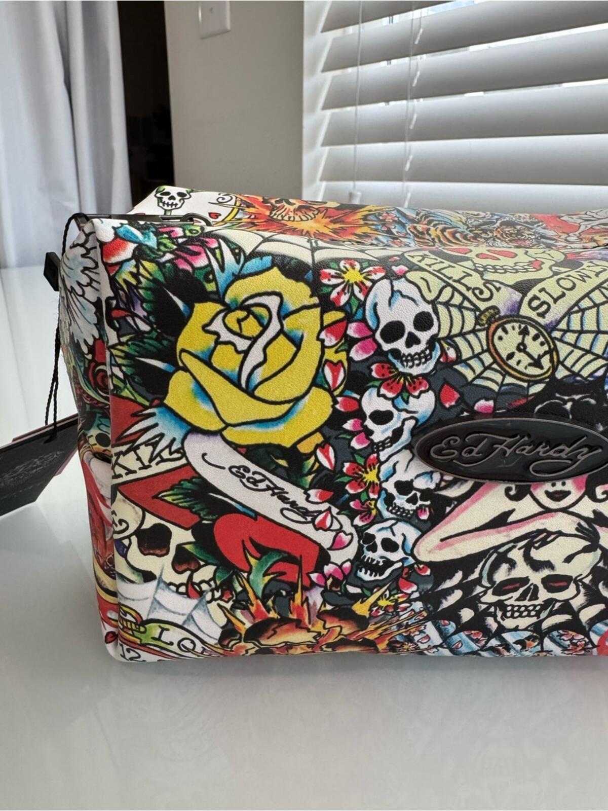 Ed Hardy Multicolor Tattoo Print Zipper Pouch Cosmetic Travel Bag