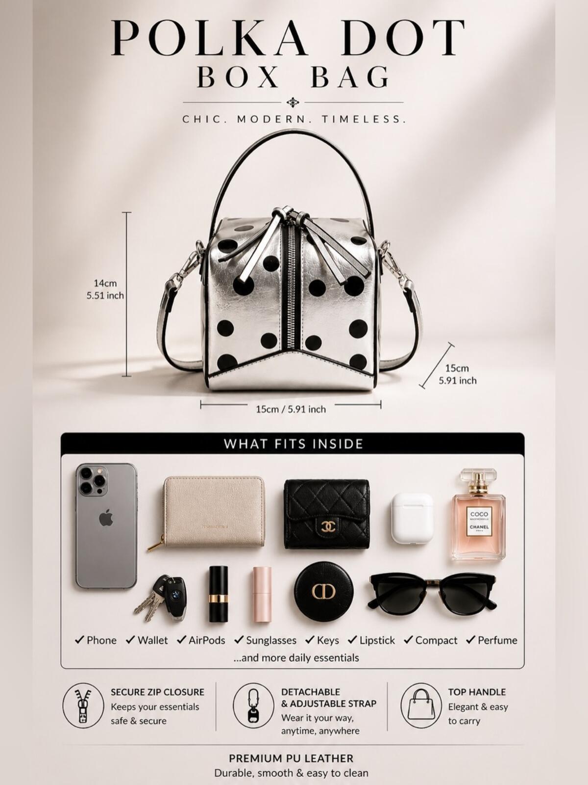 Silver Polka Dot Box Bag Retro Mod Top Handle Crossbody Satchel