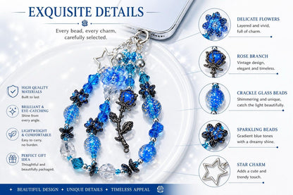 Blue Rose Beaded Phone Charm Y2K Coquette Wristlet Strap