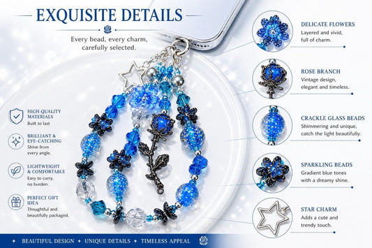 Blue Rose Beaded Phone Charm Y2K Coquette Wristlet Strap