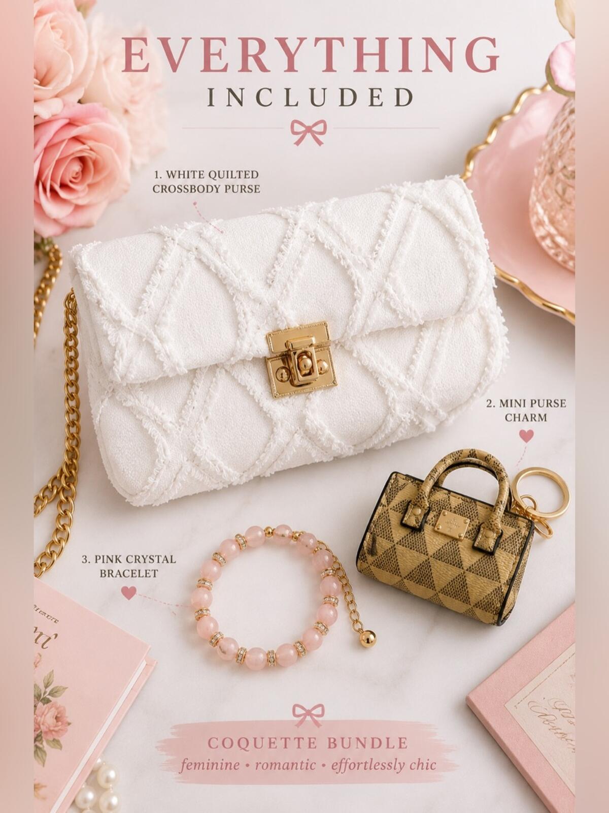 Coquette White Purse Bundle Crossbody Clutch Charm Bracelet NWOT