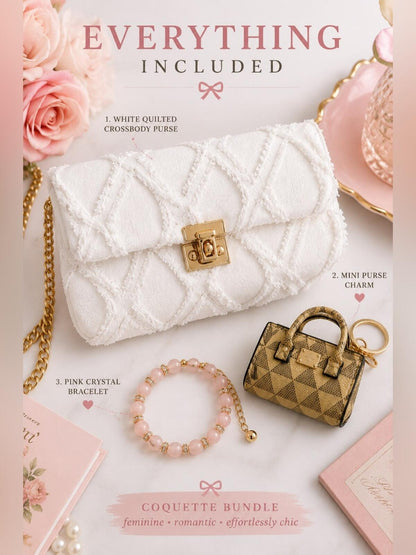 Coquette White Purse Bundle Crossbody Clutch Charm Bracelet NWOT