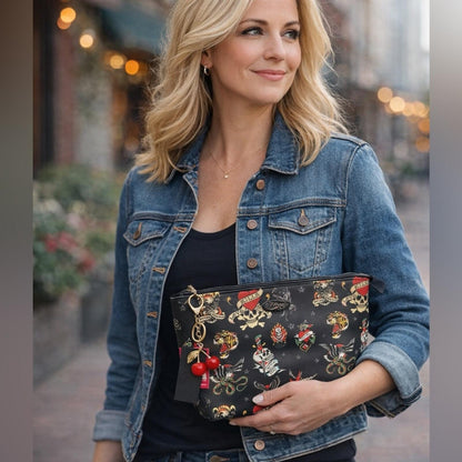 Ed Hardy Tattoo Print Cosmetic Zip Pouch Cherry Charm NWT