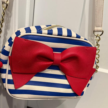 Betsey Johnson Striped Navy & White Crossbody Bag with Red Bow Accent purse