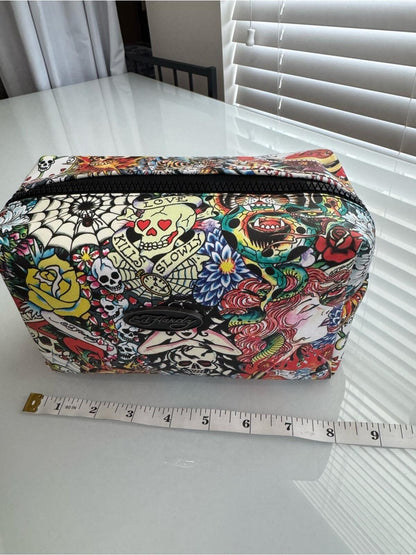 Ed Hardy Multicolor Tattoo Print Zipper Pouch Cosmetic Travel Bag