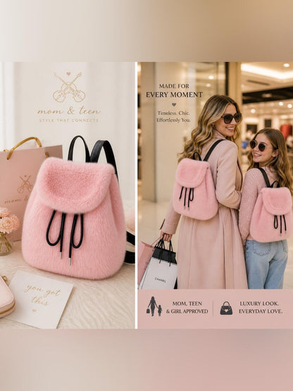 Blush Pink Faux Fur Backpack | Soft Plush Mini Bag | Trendy Drawstring Purse