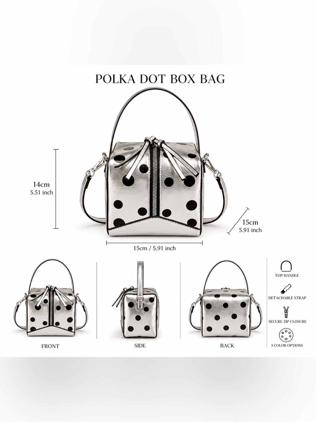 Silver Polka Dot Box Bag Retro Mod Top Handle Crossbody Satchel