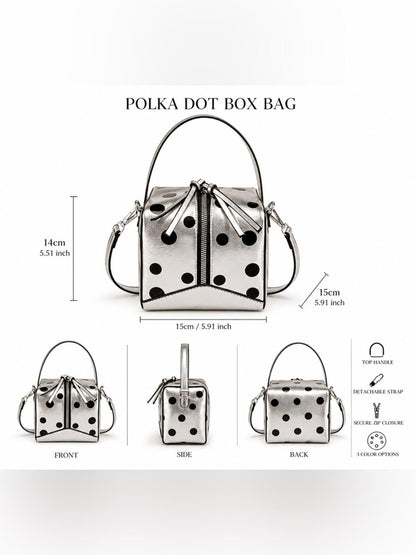Silver Polka Dot Box Bag Retro Mod Top Handle Crossbody Satchel