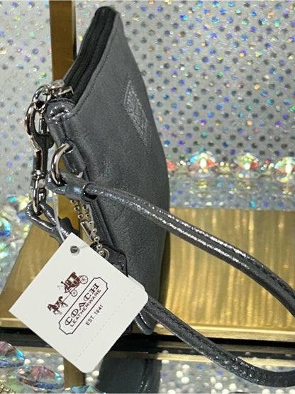 Coach Poppy Metallic Silver Wristlet Gold Accent NWT