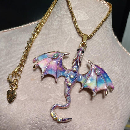 Betsey Johnson Multi Color Dragon Pendant Necklace Gold Tone