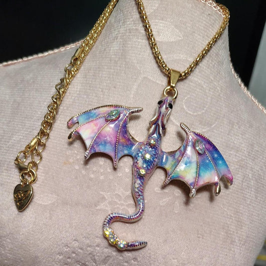 Betsey Johnson Multi Color Dragon Pendant Necklace Gold Tone