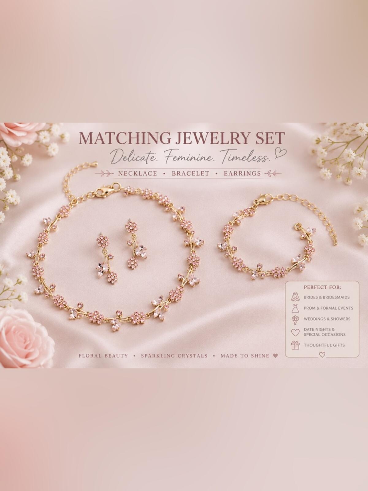 Pink Floral Crystal Jewelry Set | Necklace Bracelet Earrings | Coquette