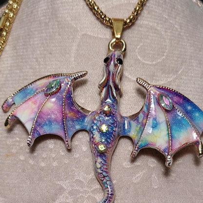 Betsey Johnson Multi Color Dragon Pendant Necklace Gold Tone