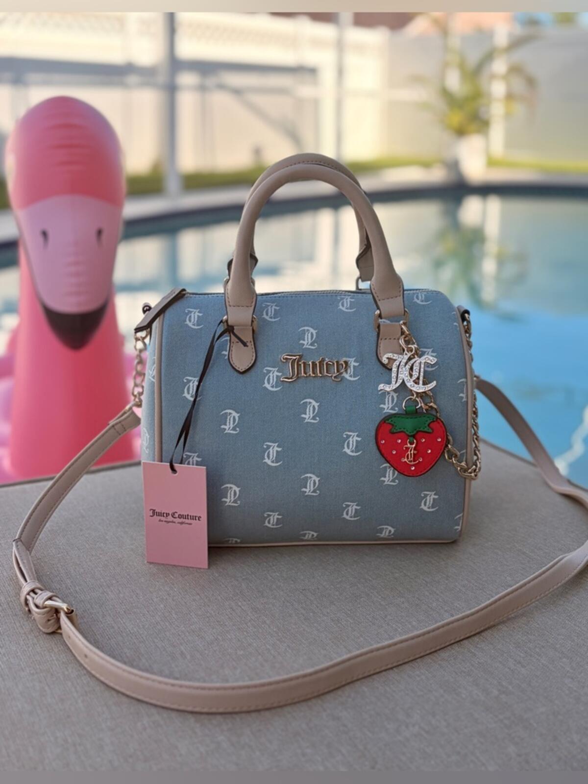 Juicy Couture Blue Monogram Satchel Handbag with Strawberry Charm