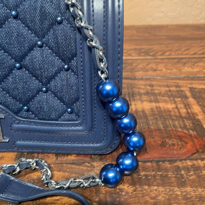 Badgley Mischka Blue Quilted Crossbody Bag with Pearl Accents and Silver Chain