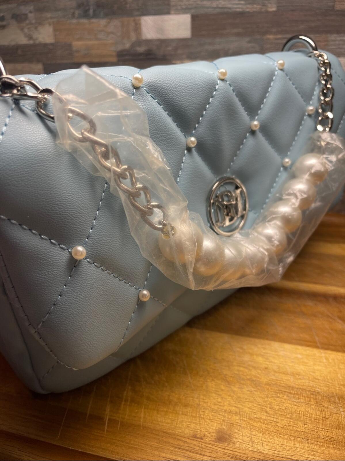 Studio Badgley Mischka Light Blue Vegan Leather Quilted Shoulder Bag with Pearl-