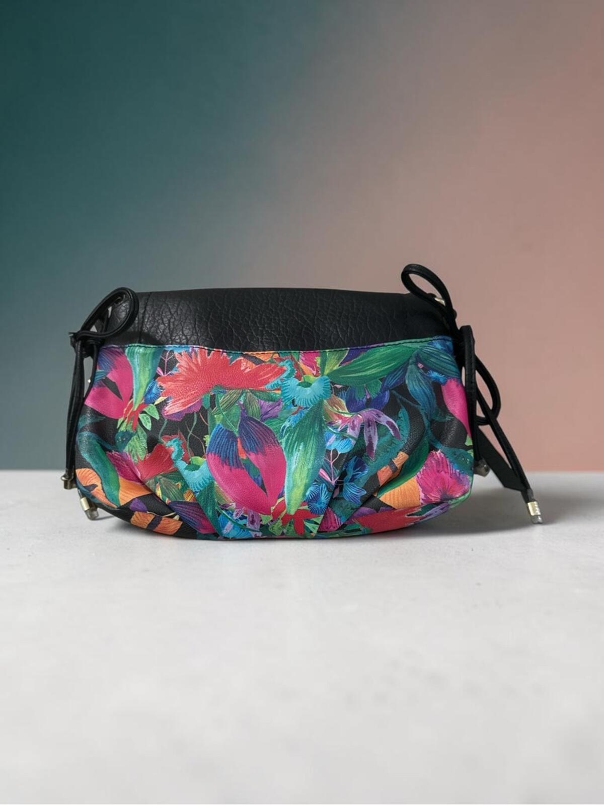 Juicy Couture Women's Floral Print Shoulder Bag with Black Leather Flap