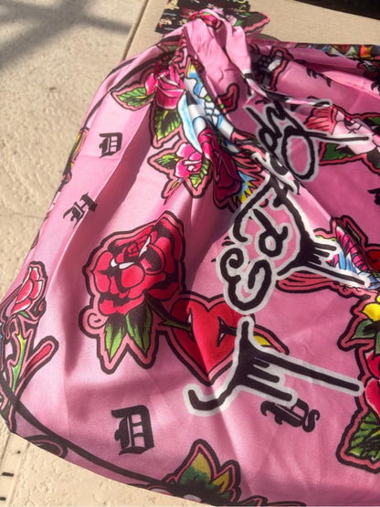 NWT Ed Hardy Pink Skull Roses Satin Scarf Tattoo Print Square Large
