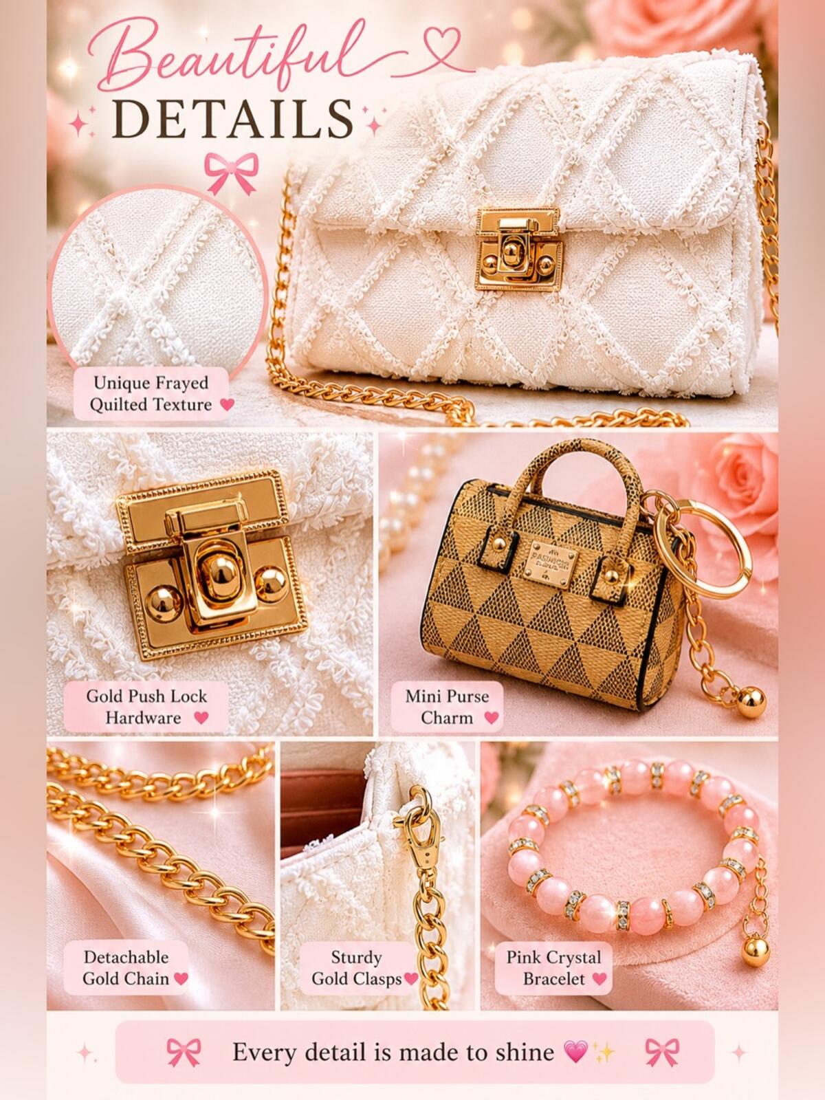 Coquette White Purse Bundle Crossbody Clutch Charm Bracelet NWOT